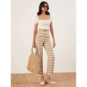 Reformation Verano Plaid 100% Linen High Waist Ankle Pants